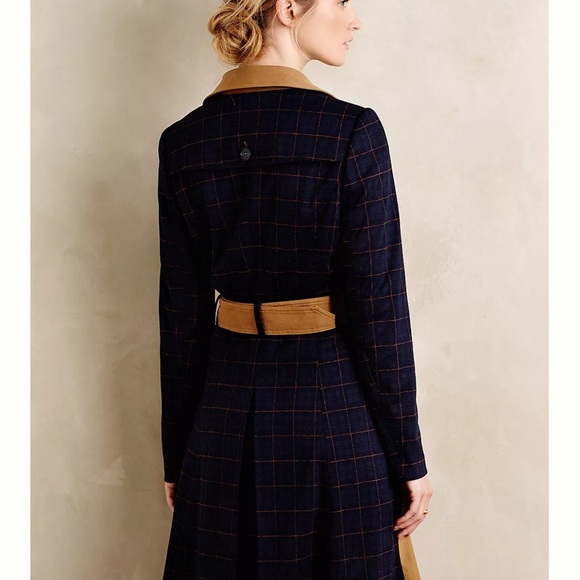 Anthropologie Harlyn Color-blocked Plaid Tan and Blue Trench Coat M - Picture 5 of 16